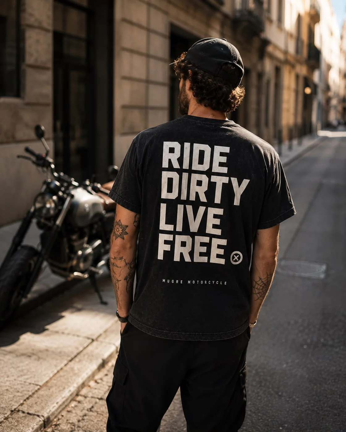 Rider con camiseta Ride Dirty Live Free por una calle de Barcelona