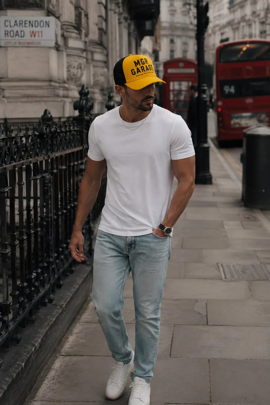 Rider con gorra MGR Garage por una calle de Londres